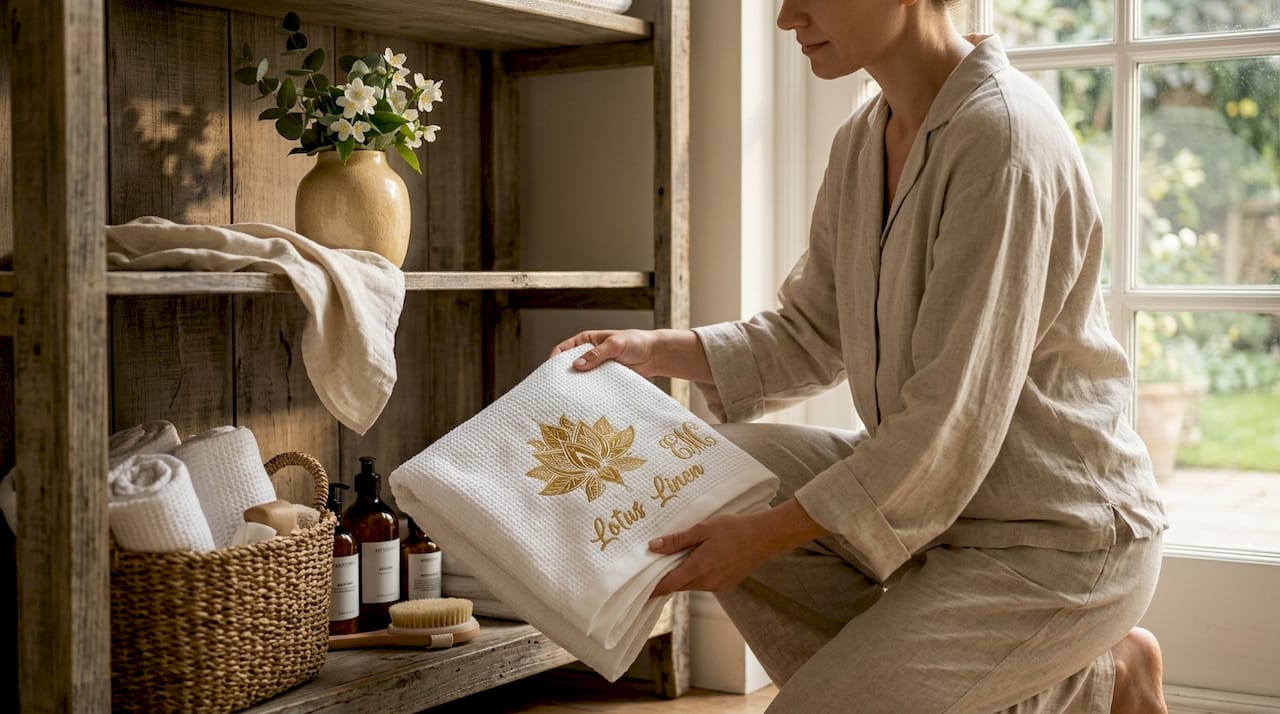 Woman folding personalized embroidered towels