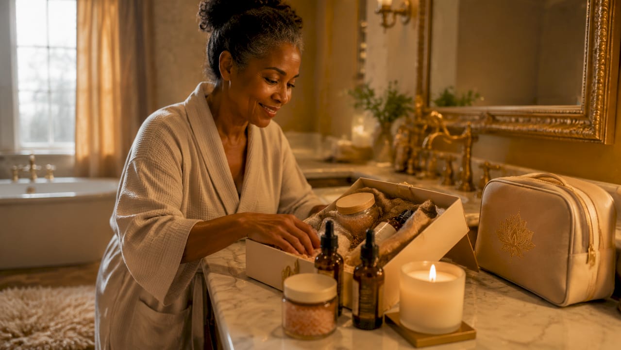 Woman unpacking bath spa set in bathroom