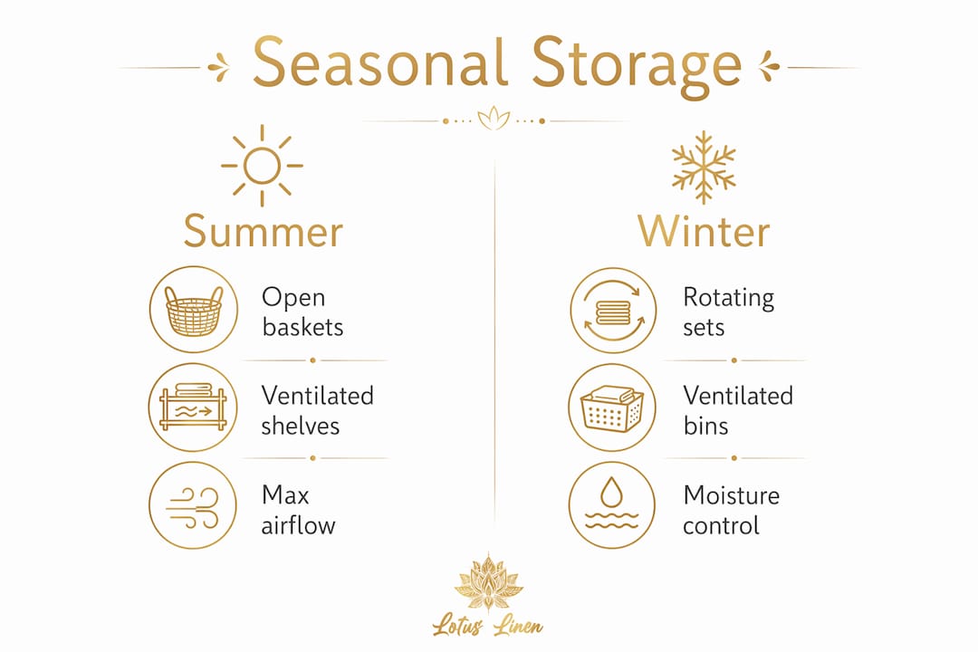 Infographic comparing summer and winter towel storage