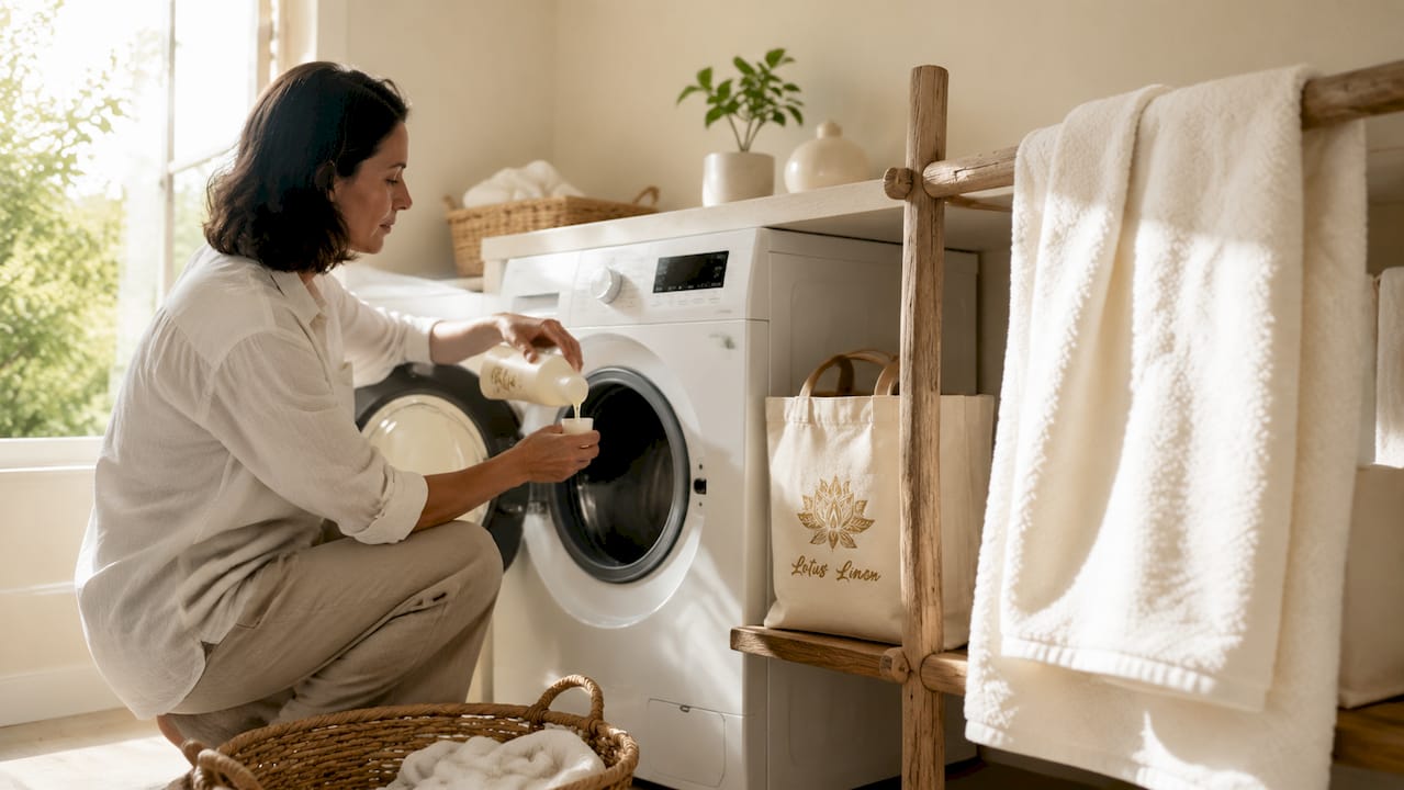 Person adding detergent to washing machine with white towels