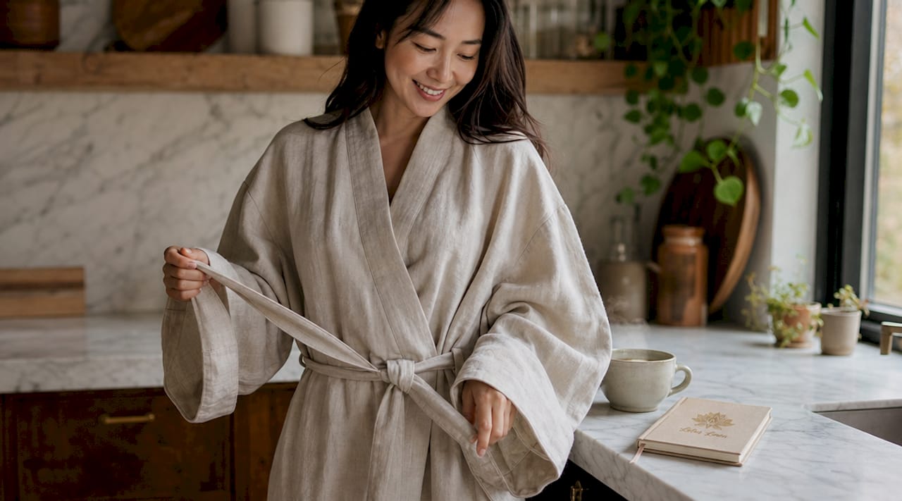 Woman adjusting silk oversized robe near window
