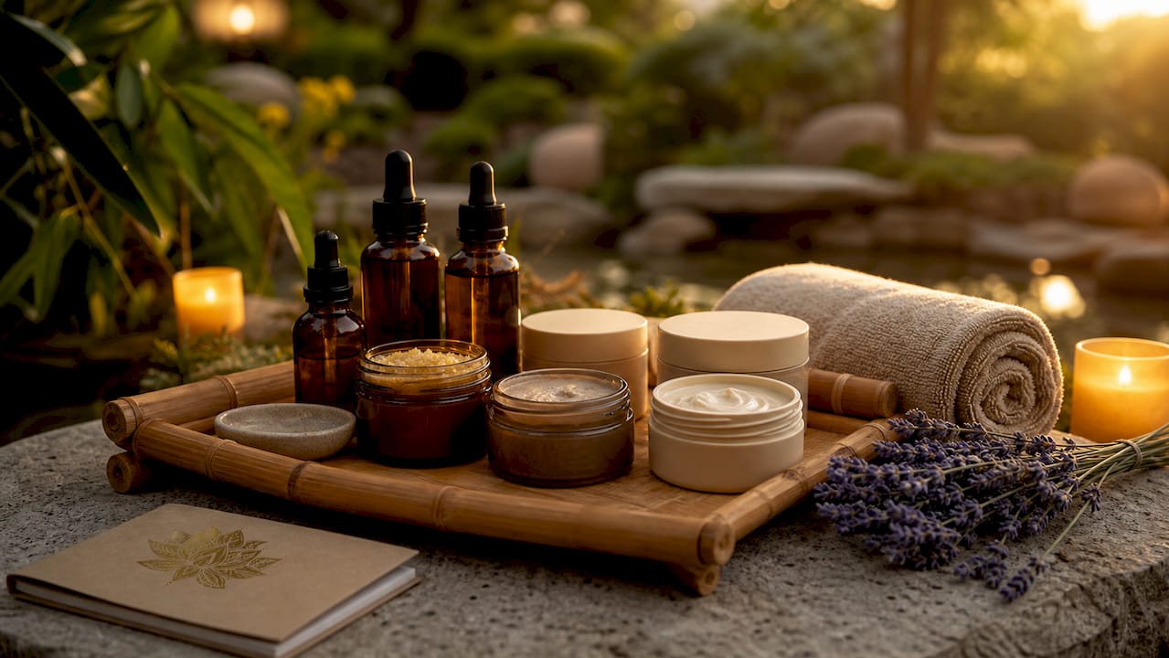 Tray with spa products and towel on countertop