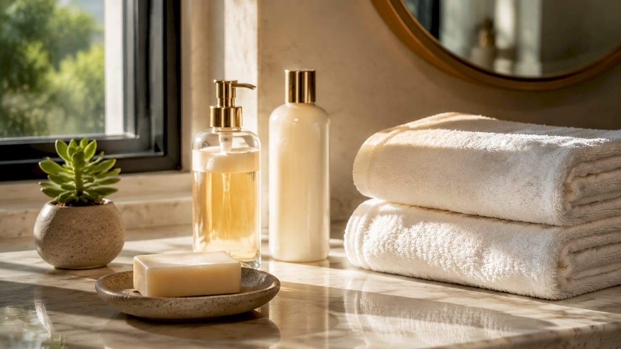 Hygiene essentials arranged on bathroom countertop