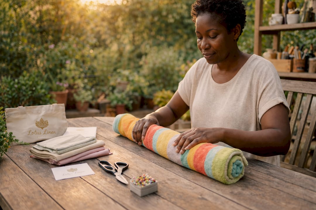 Woman rolling towel to make draft stopper