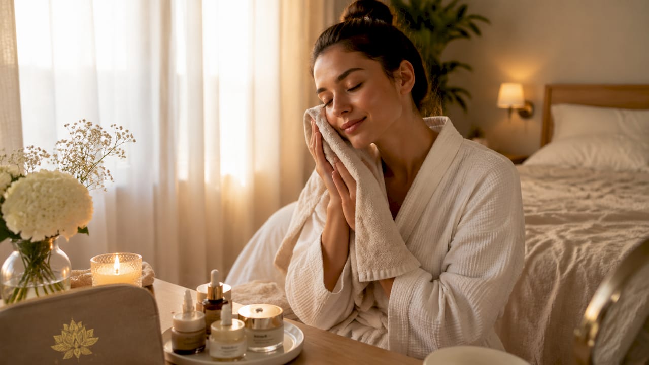 Woman drying face with clean towel