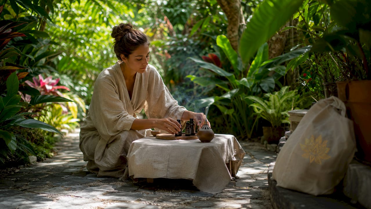 Woman setting home spa ambiance with candles and oils
