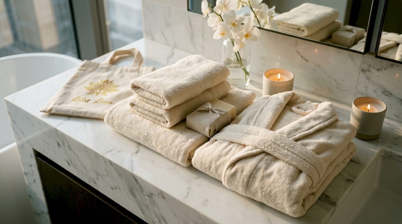 Elegant bath linen gift set on wood table