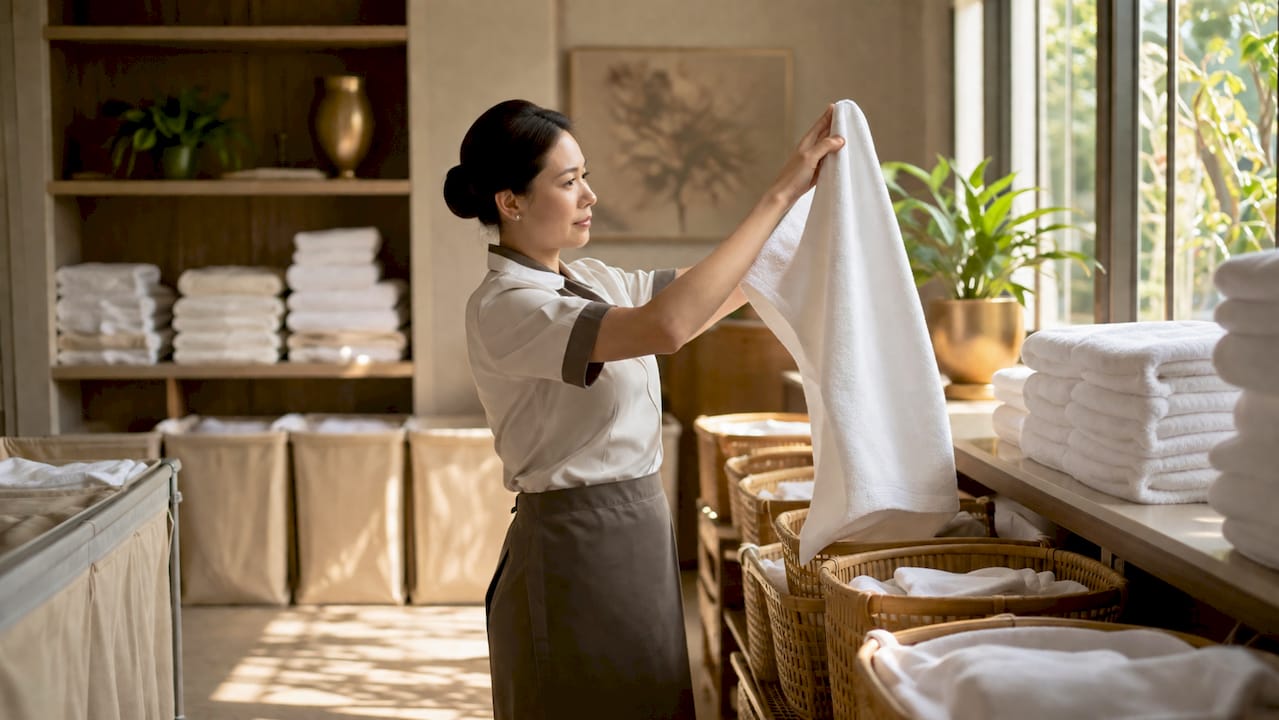 Hotel housekeeper inspecting plush towel quality