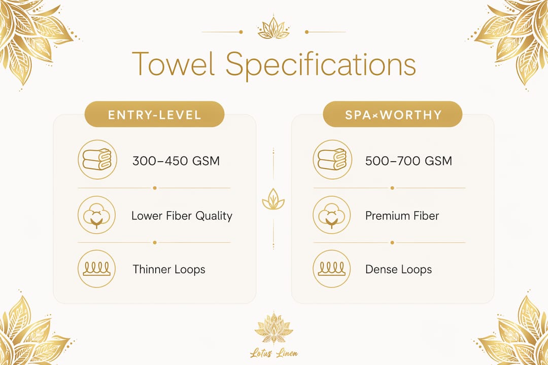 Infographic comparing entry-level and spa-worthy towel specs