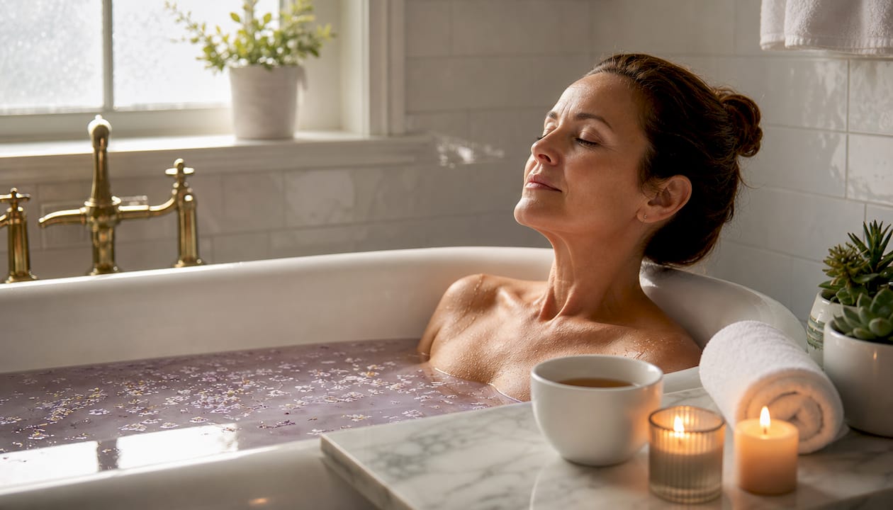 Woman enjoying home bath retreat in candlelight