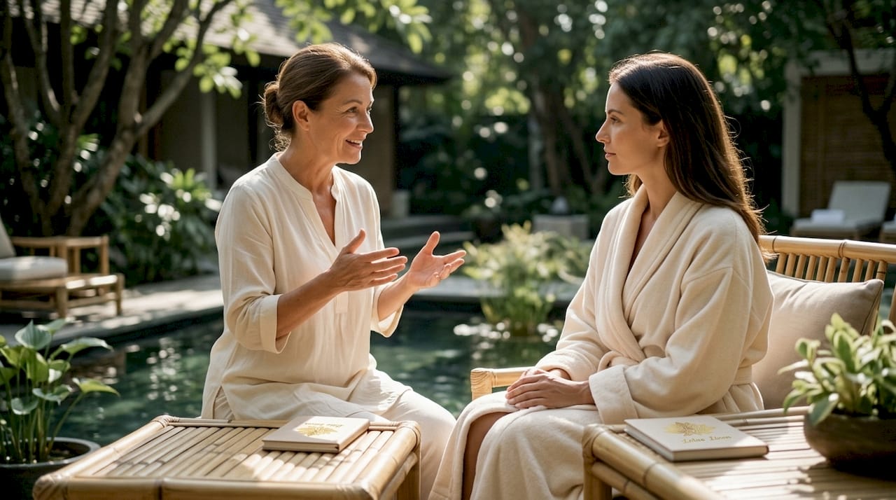Spa therapist consulting with client in bright room