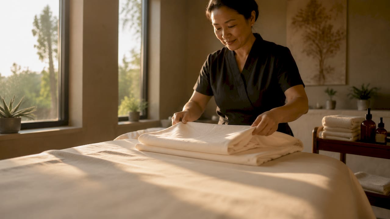 Spa therapist arranging soft linen on massage table