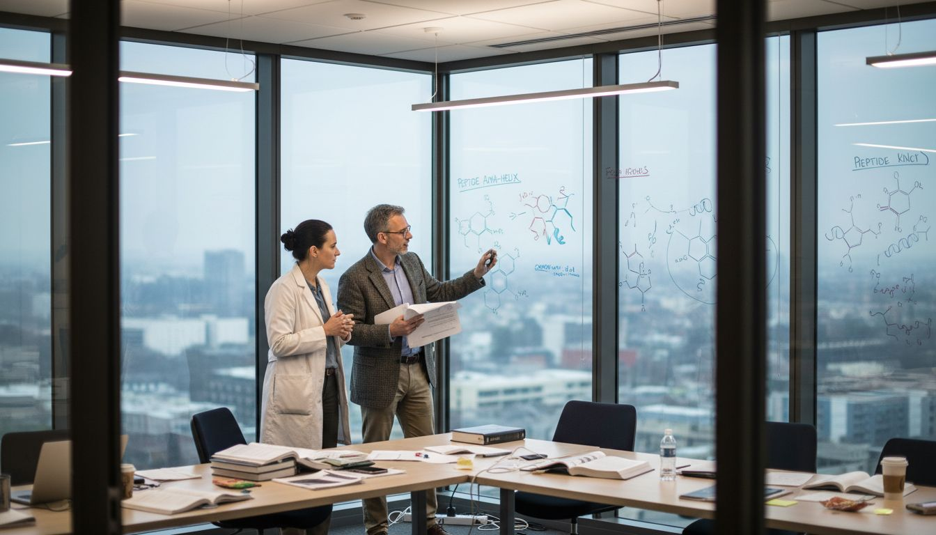 Researchers comparing peptide and protein diagrams