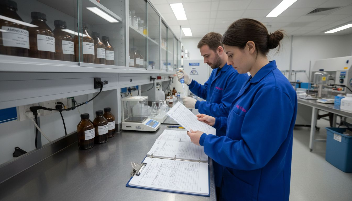 Technicians in GMP-certified peptide laboratory workspace