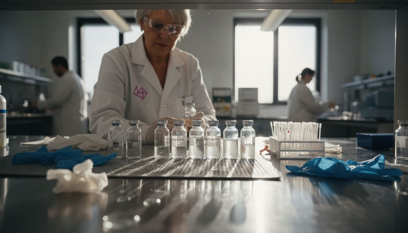 Scientist inspects peptide vials in quality lab