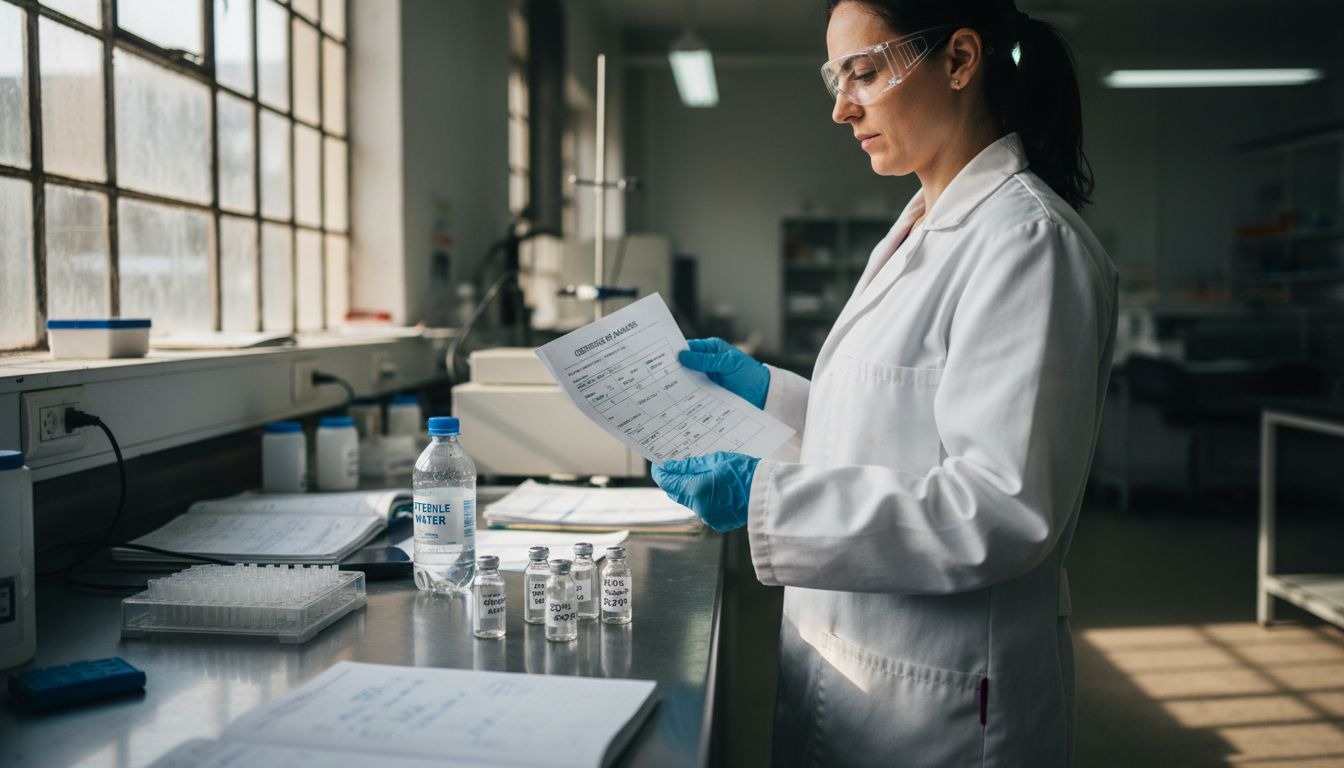 Lab technician reviews peptide certificate in busy lab