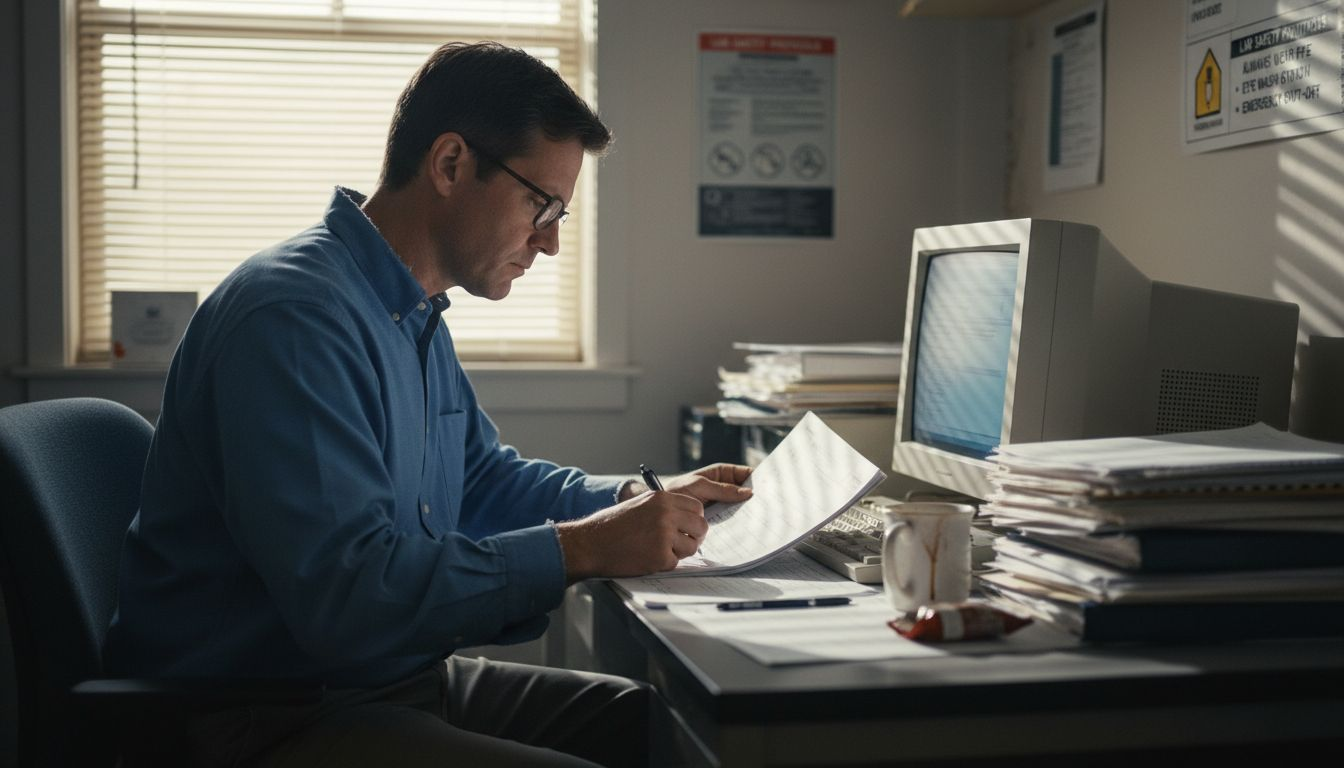 Compliance officer checking lab safety paperwork