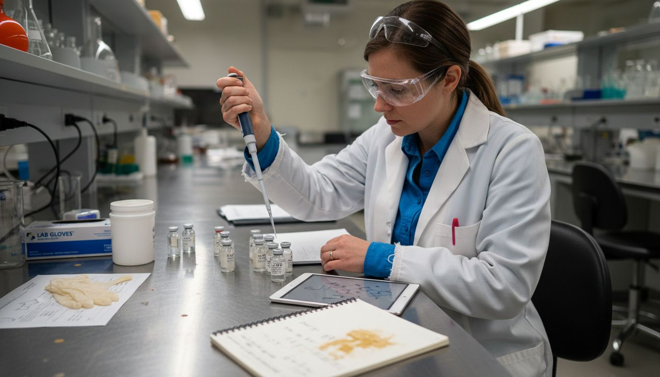 Scientist pipetting solutions in sports science laboratory