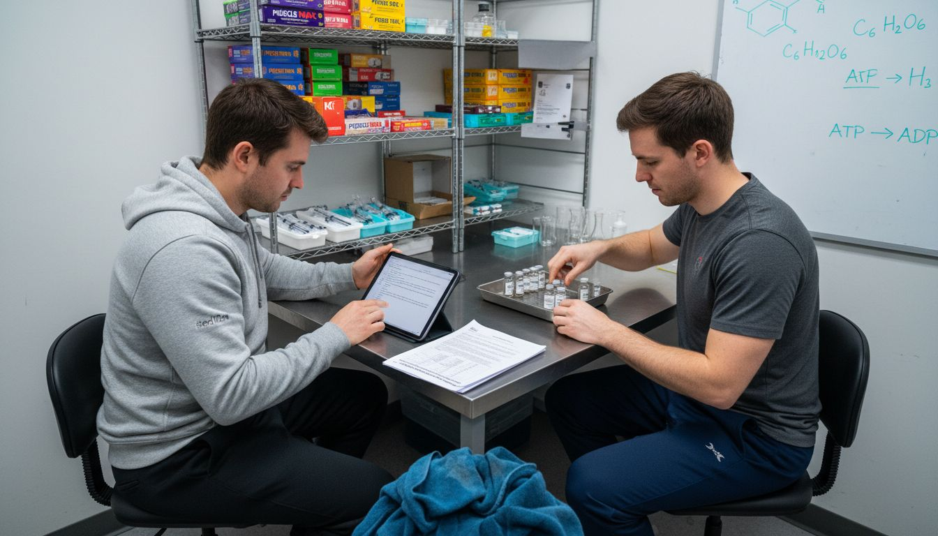 Researchers arranging peptide vials in lab