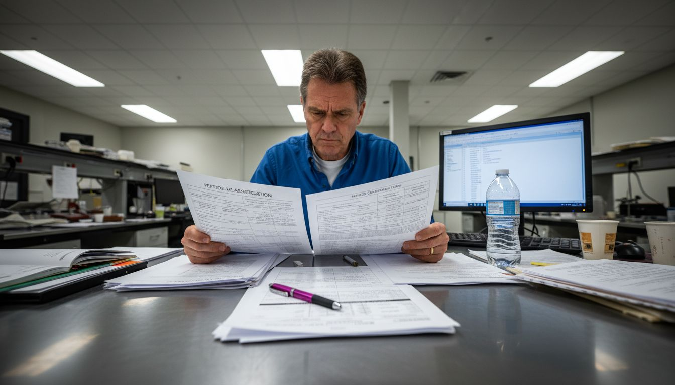 Lab desk with peptide classification documents