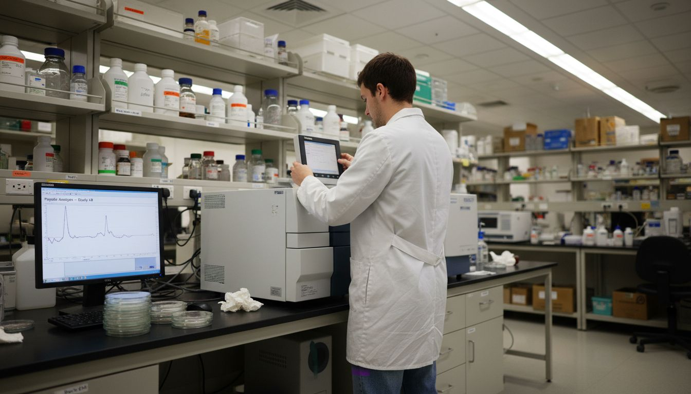 Lab technician analyzing peptide study results