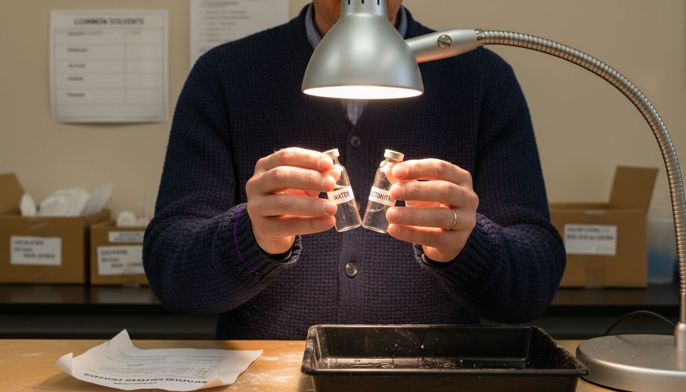 Scientist comparing peptide solvents at lab desk