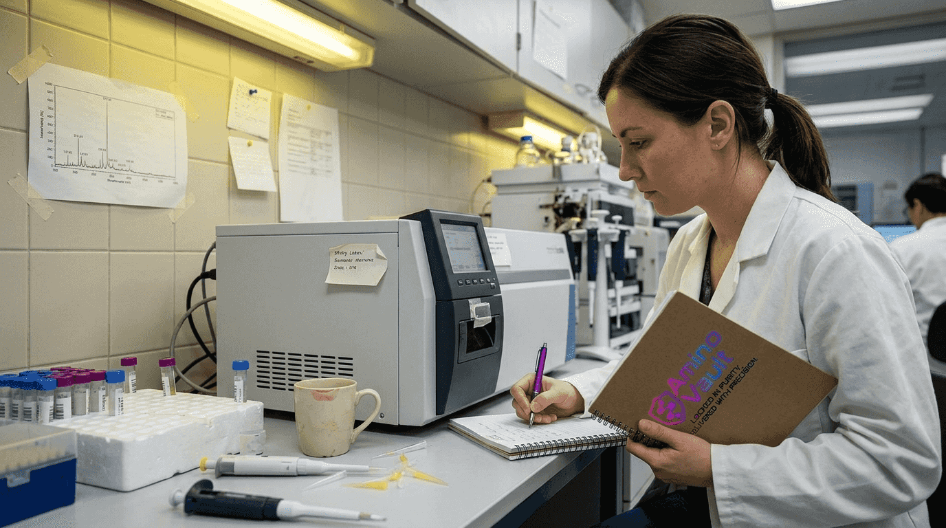 Chemist checking mass spectrometry peptide result