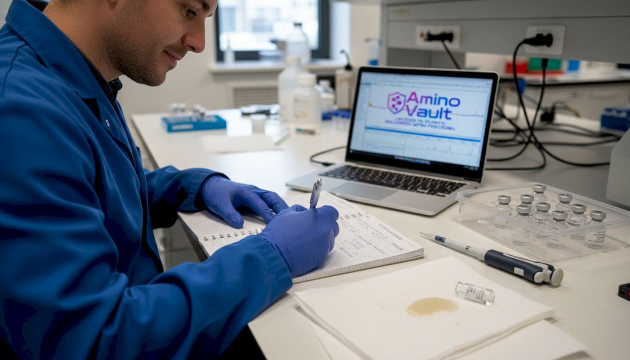 Lab technician reviewing peptide samples at busy workbench