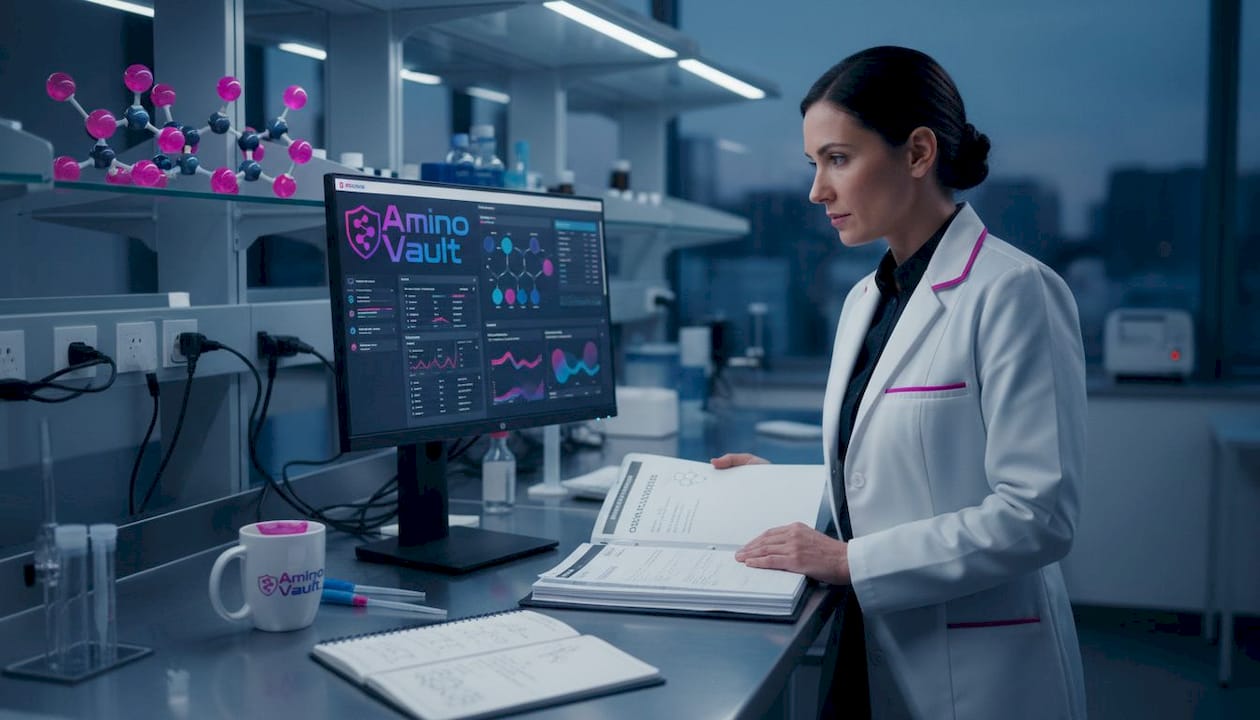 Lab technician reviews peptide compliance documents