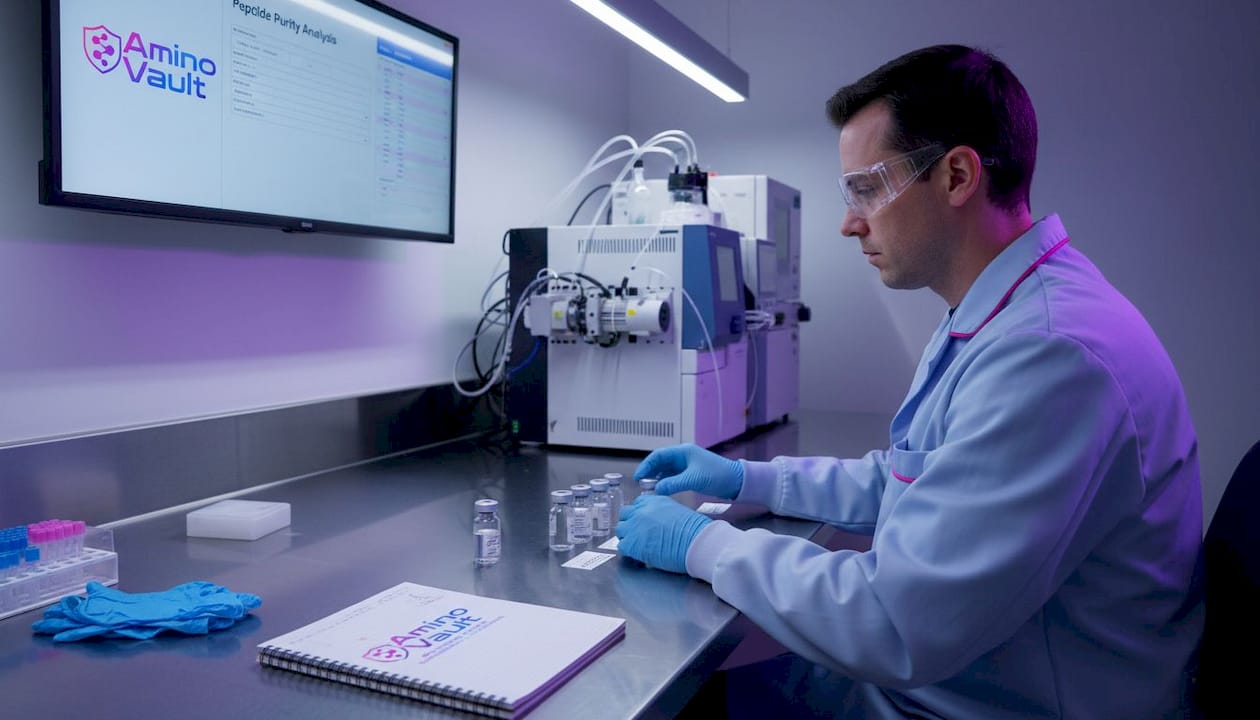 Lab technician testing peptide purity at workbench