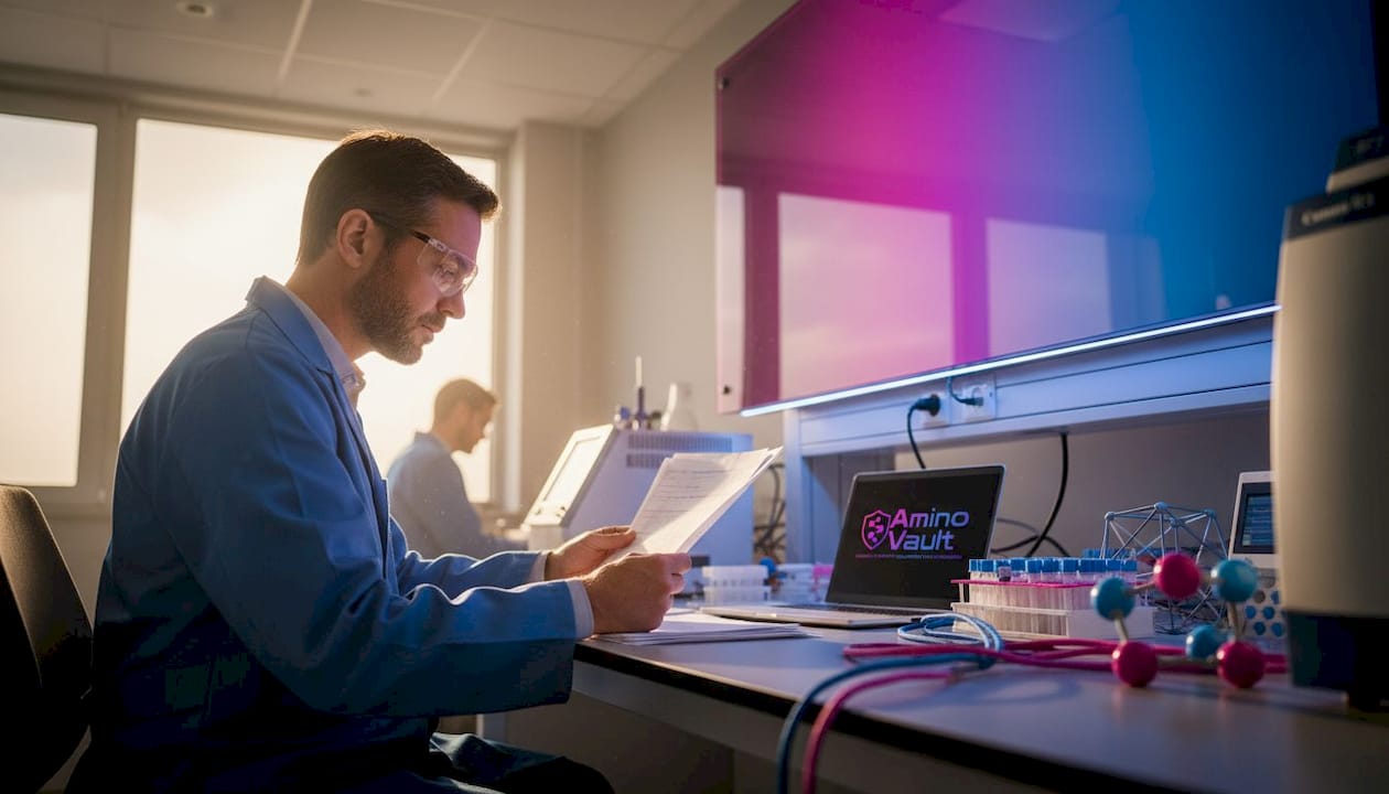 Scientist reviewing peptide analysis in laboratory