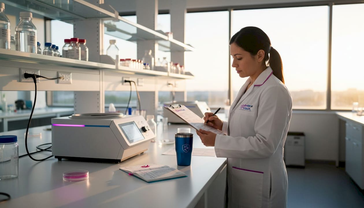 Lab worker reviewing paperwork peptide authenticity