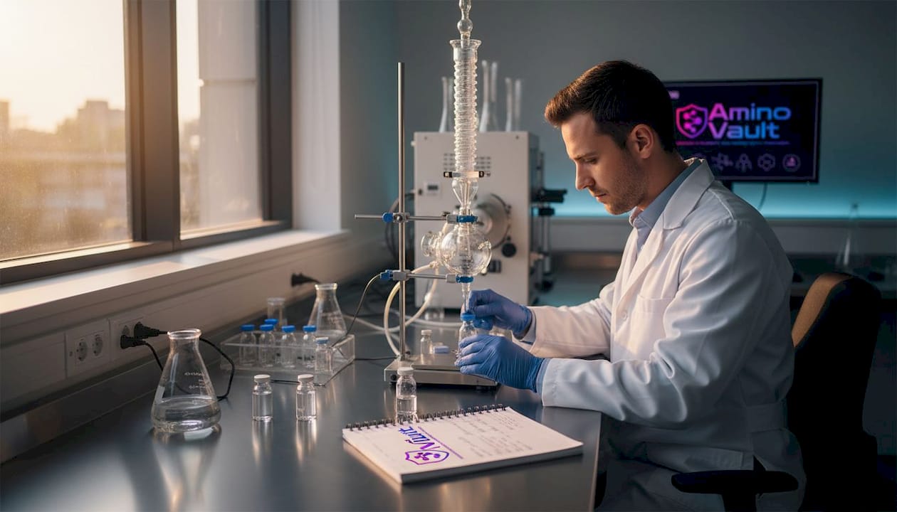 Lab technician preparing peptide synthesis in lab