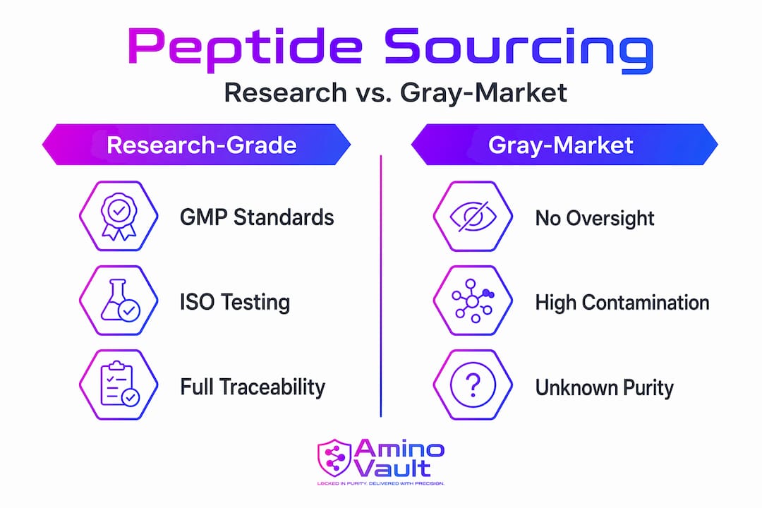 Infographic comparing research and gray-market peptide sourcing