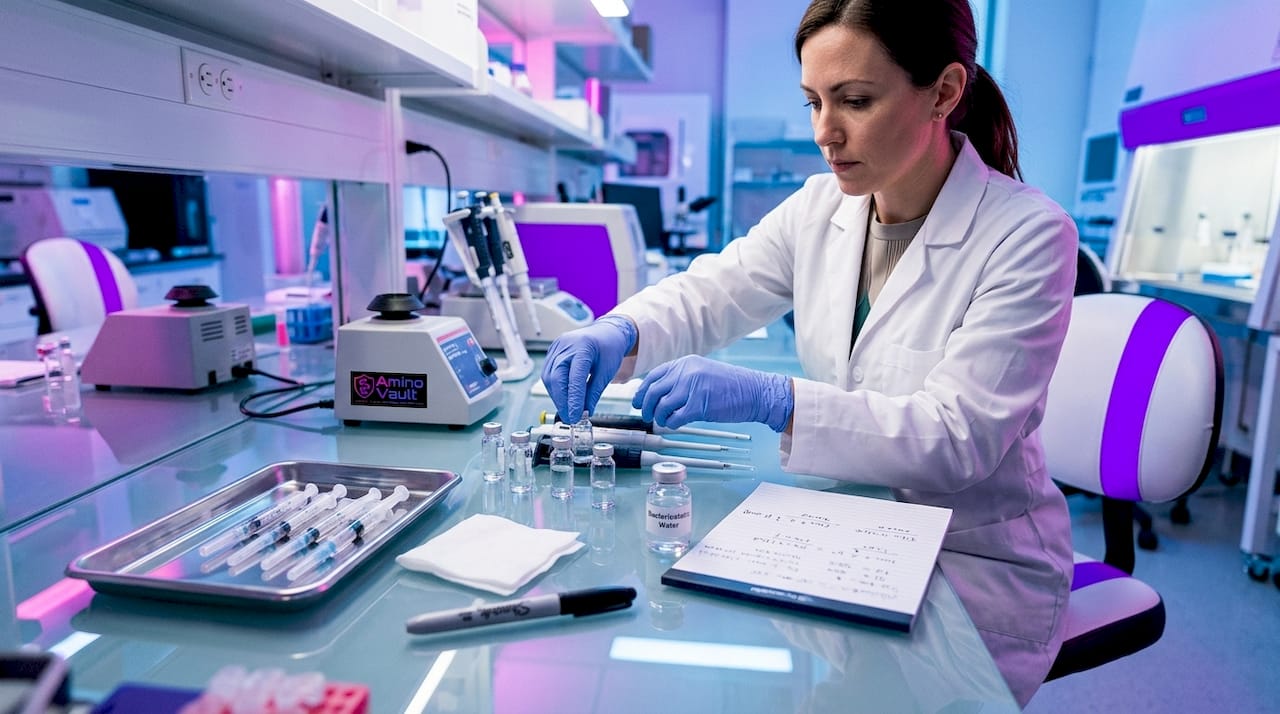 Scientist prepares clean bench with vials and syringes