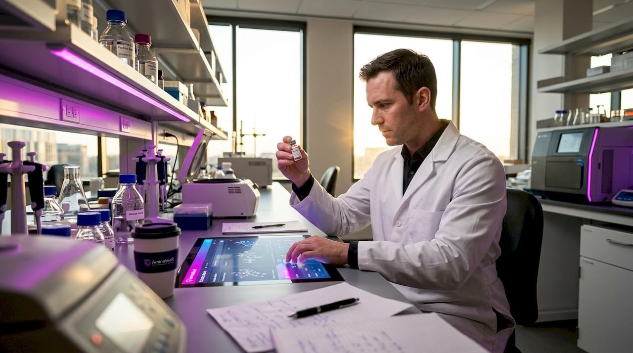 Scientist analyzing peptide sample in lab