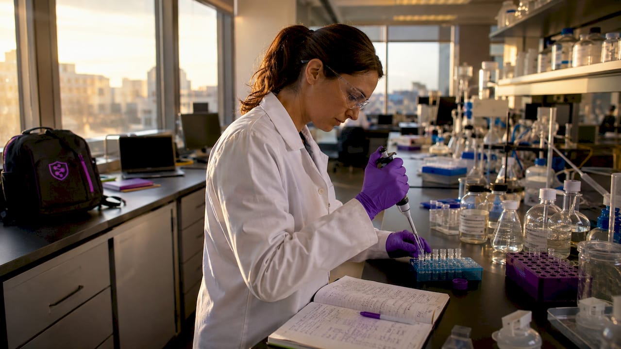 Researcher preparing peptides in lab