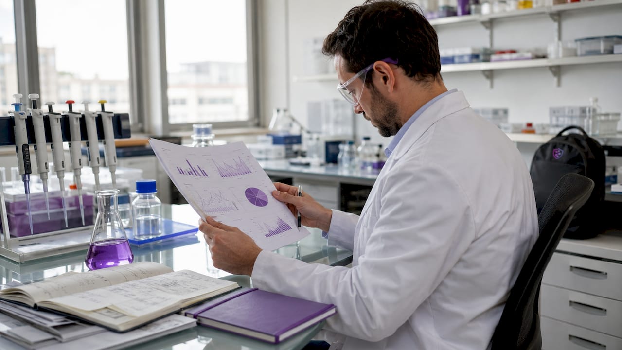 Scientist reviewing peptide metabolism data
