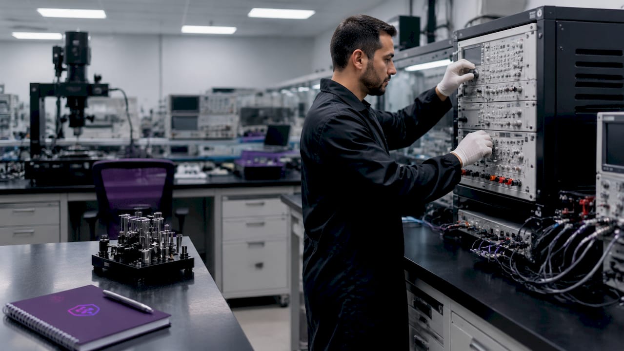Technician calibrating lab instrument controls
