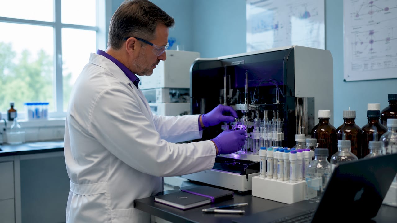 Technician operating solid-phase peptide synthesis machine