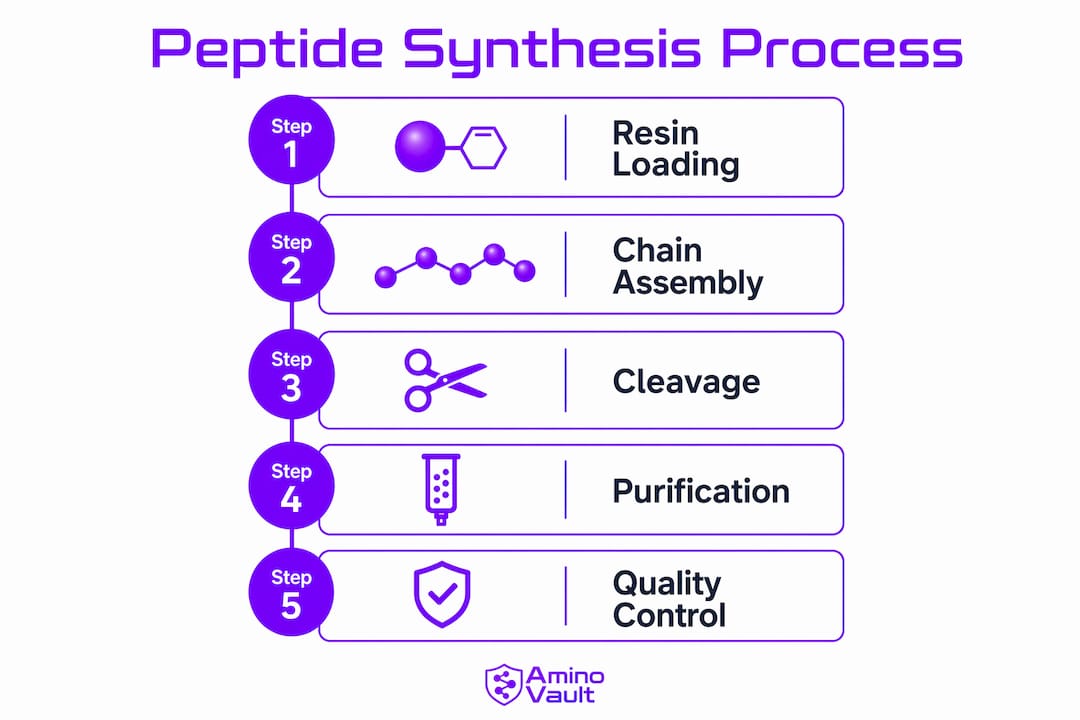 Infographic illustrating steps of peptide synthesis process