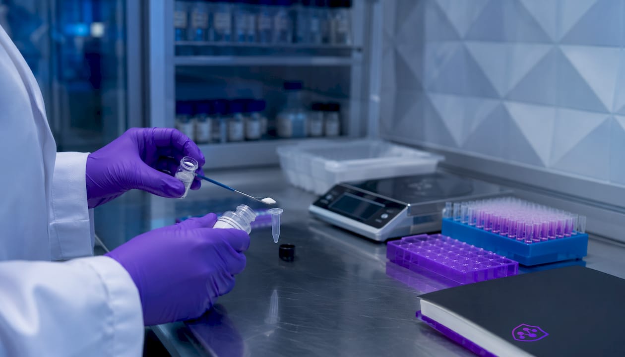 Close-up of hands aliquoting lyophilized peptide in cold room