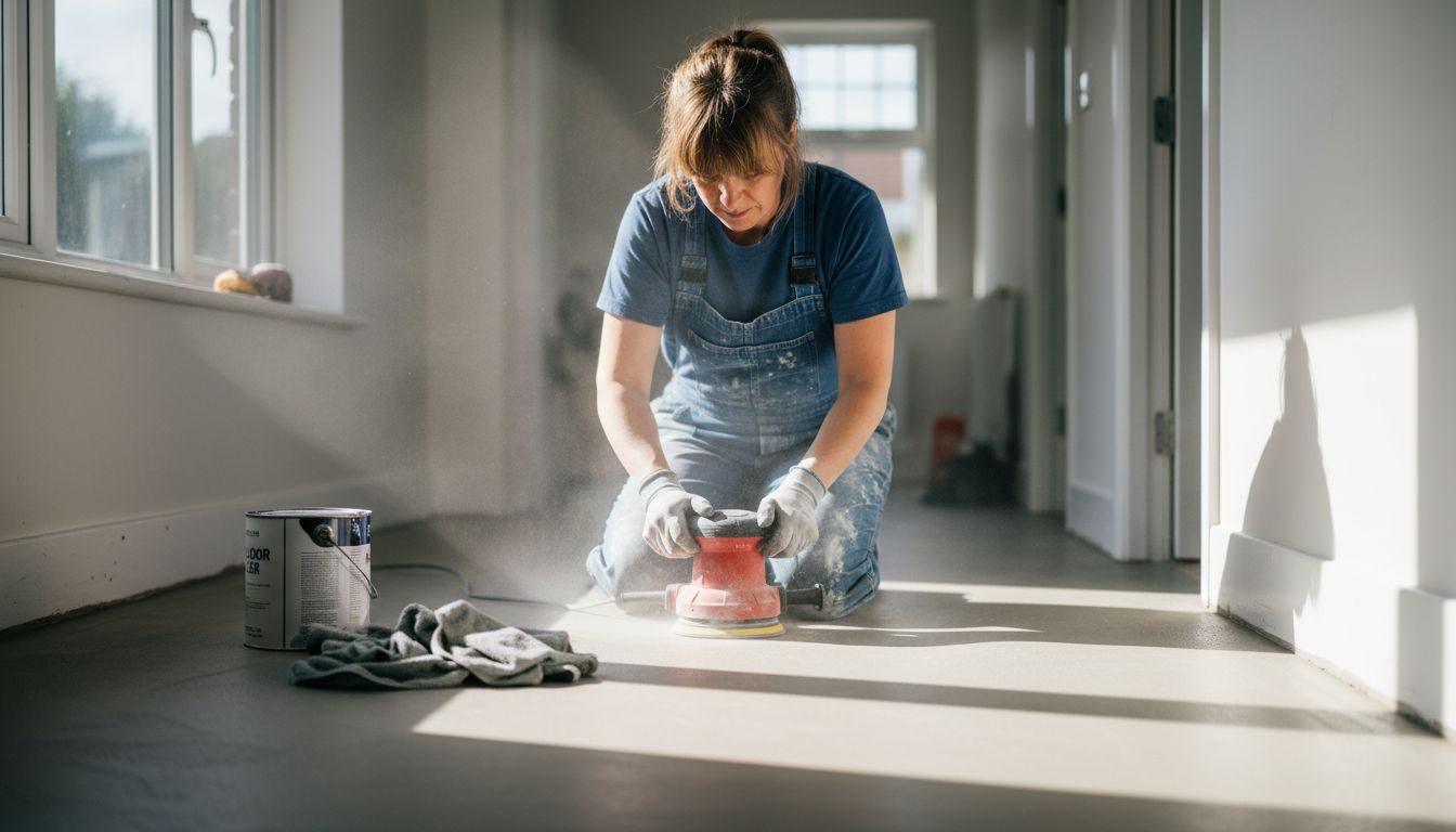 Woman sanding and sealing microcement floor