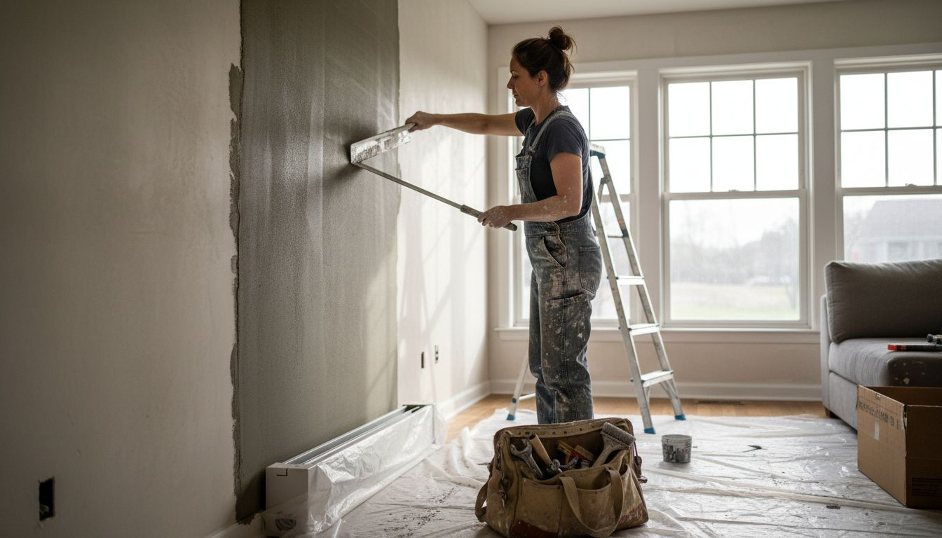 Decorator applying microcement to living room wall