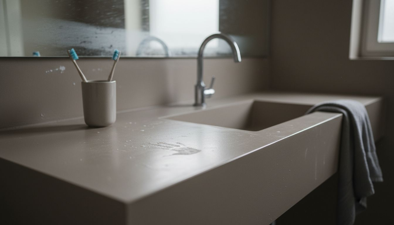 Microcement bathroom vanity with lived-in details