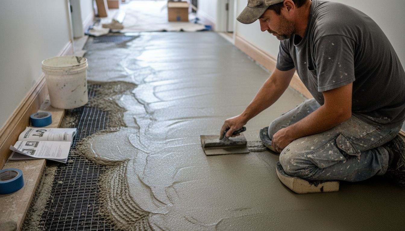 Installer applies microcement to interior floor