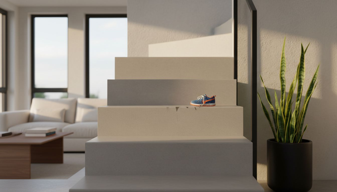 Close-up seamless floating microcement stairs detail
