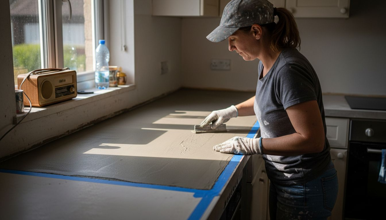Worker applying microcement to countertop surface