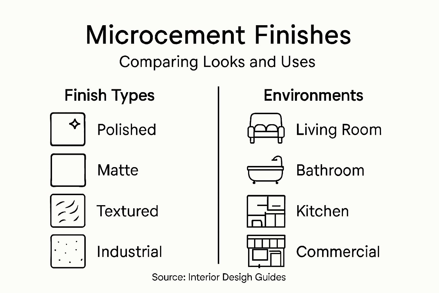 Infographic detailing microcement finish types and uses