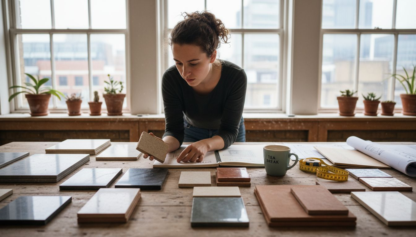 Designer reviews stone and wood samples